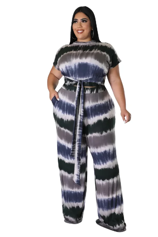 Final Sale Plus Size 2-Piece Short Sleeve Tie Top and Pants Set in Navy & Grey Classic Cropped Pants