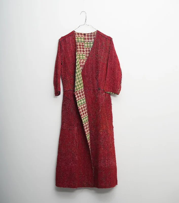 Red Vintage Cotton Kantha Jacket Boat Neck Shawl Collar Notched Collar