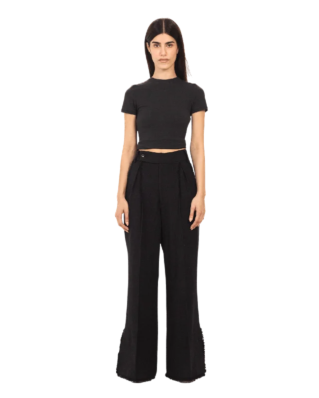 BLACK FRAYED KHADDAR DOUBLE-PLEATED PANTS Slim-Fit Khaki Pants