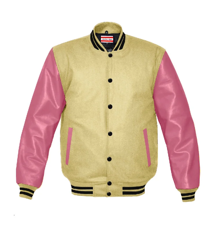 Superb Genuine Pink Leather Sleeve Letterman College Varsity Women Wool Jackets #PKSL-BSTR-BB Nylon Fabric Polyester Fabric Spandex Fabric