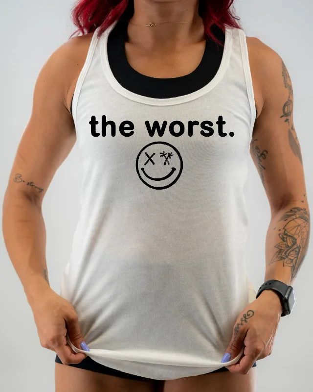 Ladies "the worst." Racerback Tank glitter tank top