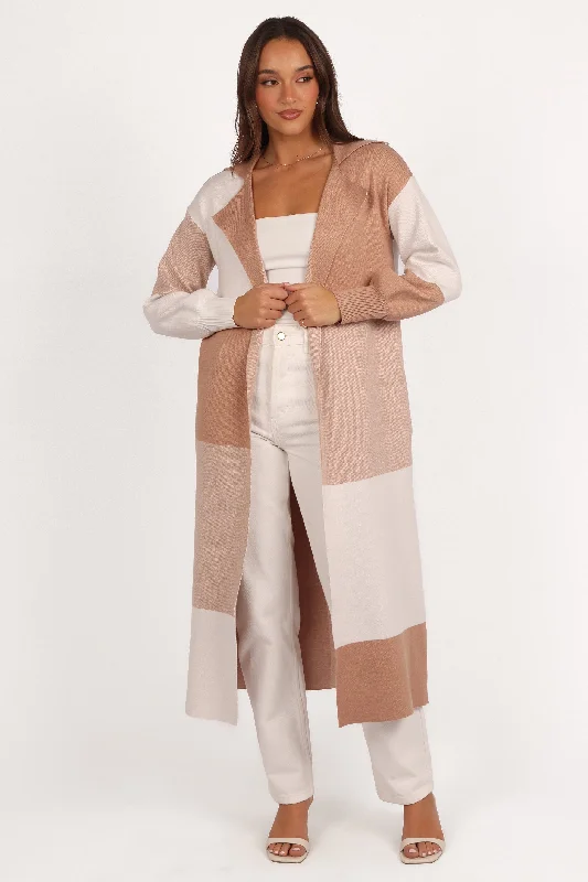 Kingston Large Check Long Cardigan - Beige Check Chenille Blend Fleece Blend Nylon Blend