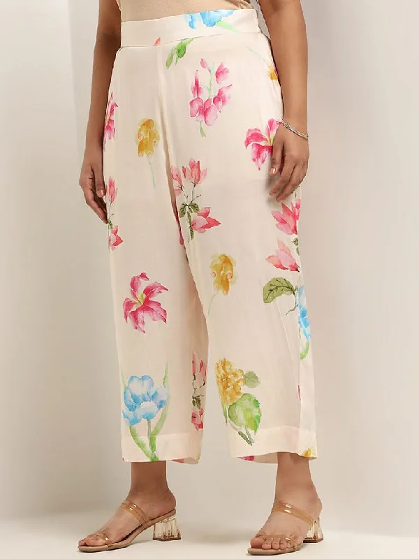 Diza Pink Floral Cotton Wide-Leg Pants Fashionable Button-Up Pants