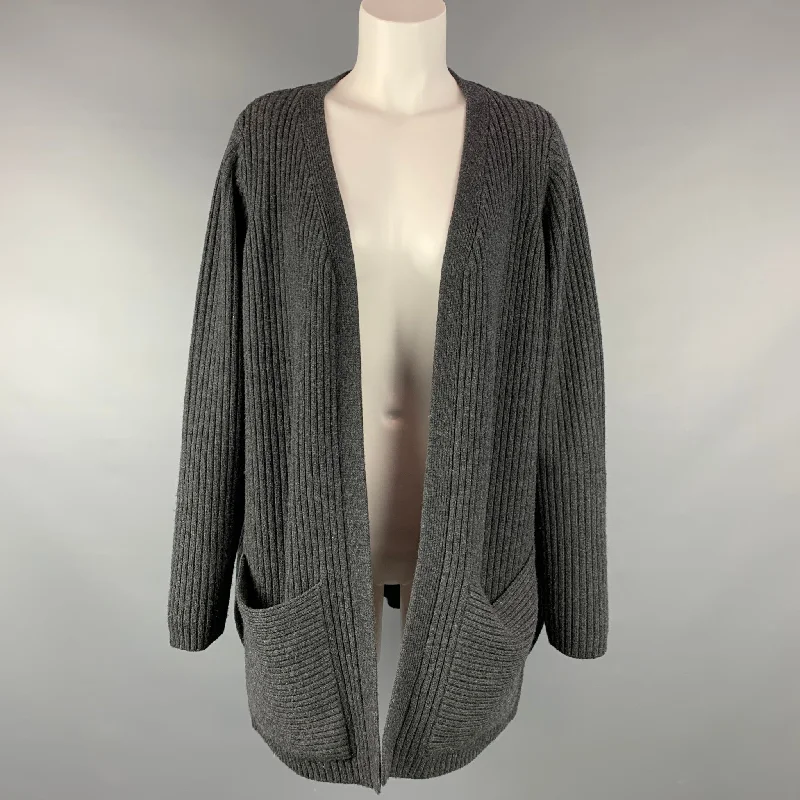 MILLY Size L Grey Ribbed Knitted Wool Open Front Cardigan Print Jacquard Patchwork