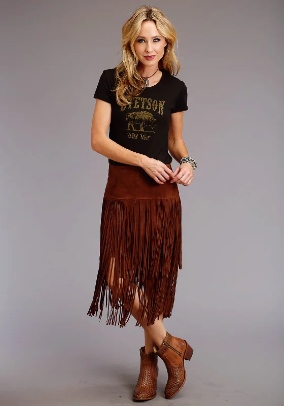 Stetson Womens Brown Leather Lamb Suede Fringe Skirt corduroy skirt durable