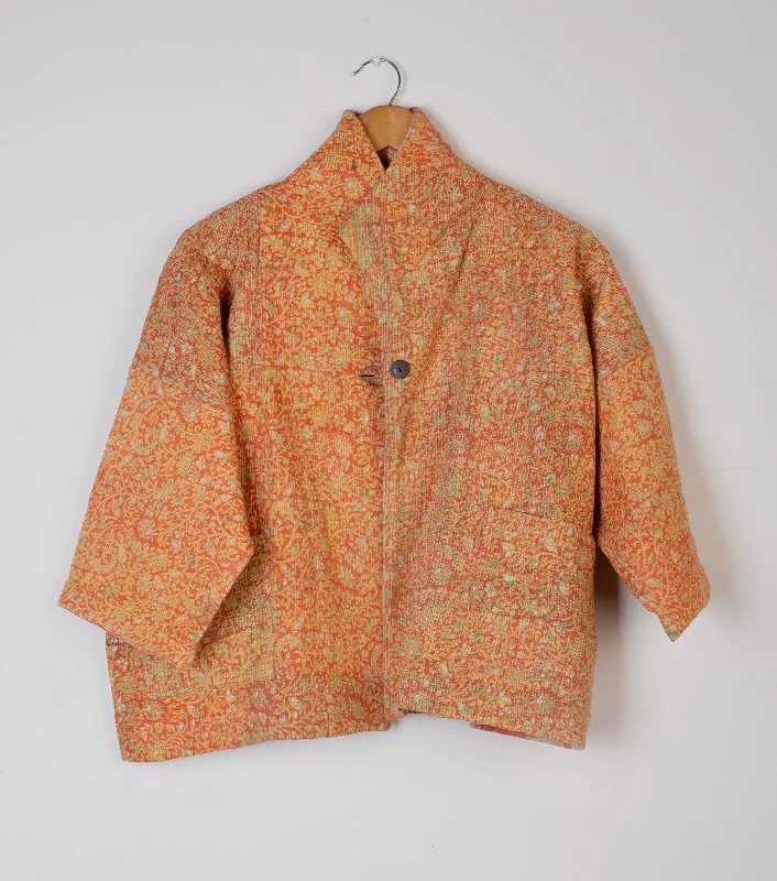 Orange Vintage Cotton Kantha Jacket Welt Pockets Slit Pockets Flap Pockets