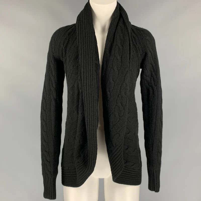 RALPH LAUREN Black Label Size S Black Cable Knit Cashmere Shawl Collar Cardigan Welt Pockets Slit Pockets Flap Pockets