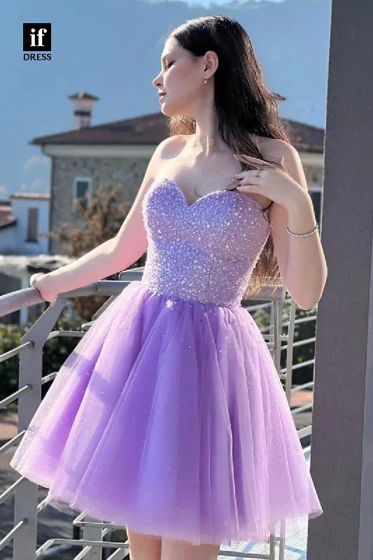 F1887 - Sweet Off-Shoulder A-Line Tulle Short Cocktail Homecoming Party Dress Halter Neckline Beach