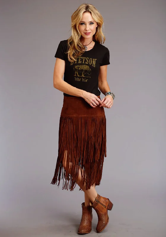 Stetson Womens Long Fringe Brown Leather Skirt velvet skirt glossy