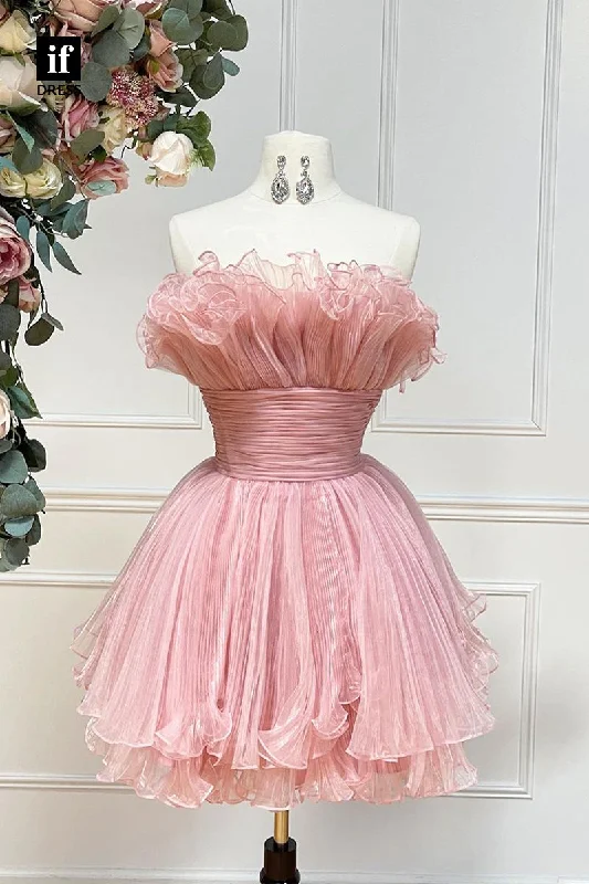F1721  -Unique Off-Shoulder Ruched Sleeveless Short Cocktail Homecoming Party Dress A-Line Day Work