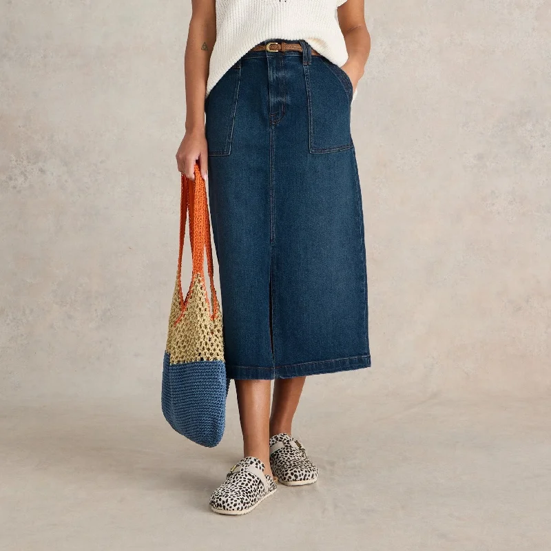 Maren Denim Midi Skirt - Mid Denim zip skirt side