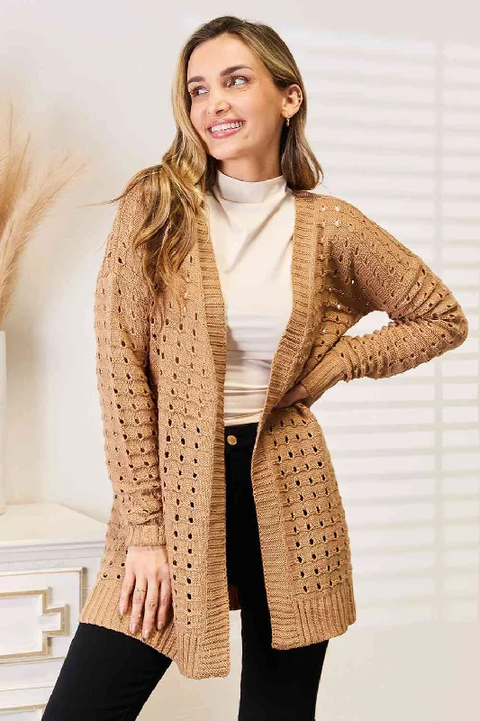 Woven Right Openwork Horizontal Ribbing Open Front Cardigan Spandex Rayon Corduroy