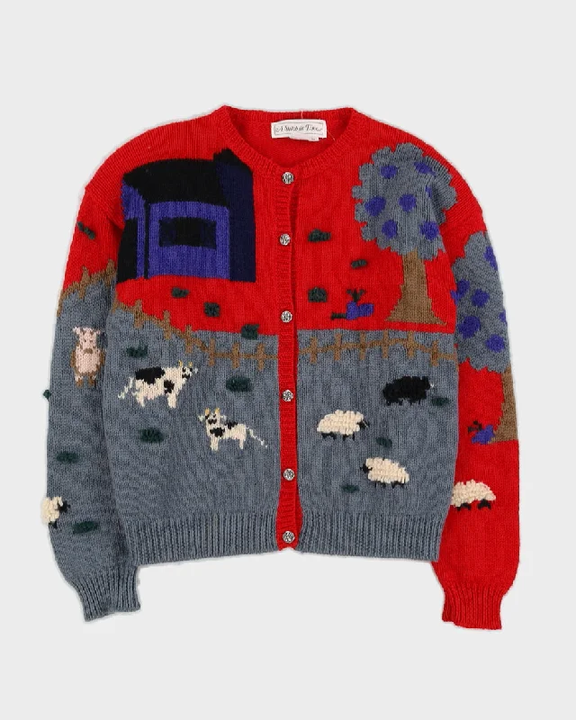 Farm Life Patterned Knitted Cardigan - M Soft Cozy Warm