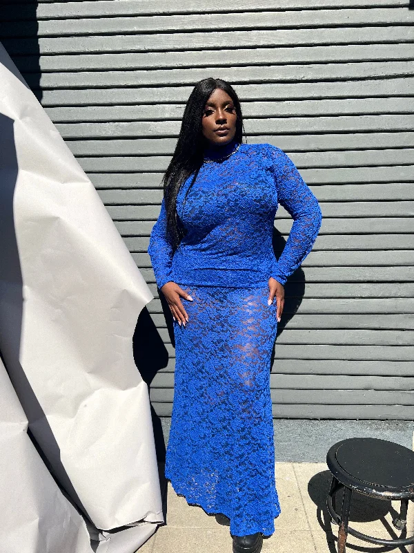 Stretch Lace Turtleneck & Skirt Set- Cobalt linen skirt relaxed