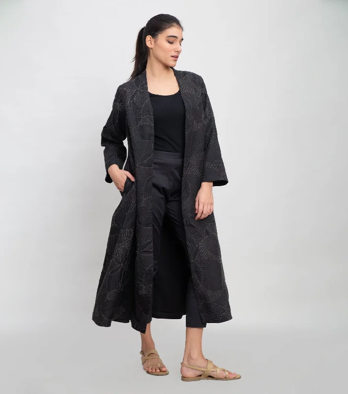 Black Embroidered Quilted Silk Jacket Boat Neck Shawl Collar Notched Collar