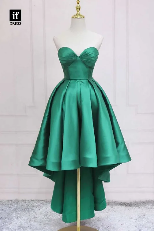 F1890 - Classic Strapless Pleated High Low Sleeveless Cocktail Homecoming Party Dress Boat Neckline Classic