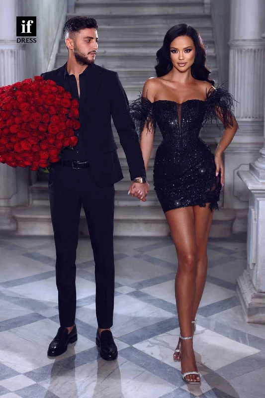 F1255 - Sparkly Off Shoulder Feathers Sequined Mini Homecoming Party Dress Tunics Cozy comfortable