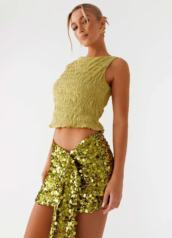 Lights On Sequin Mini Skirt - Olive button skirt front
