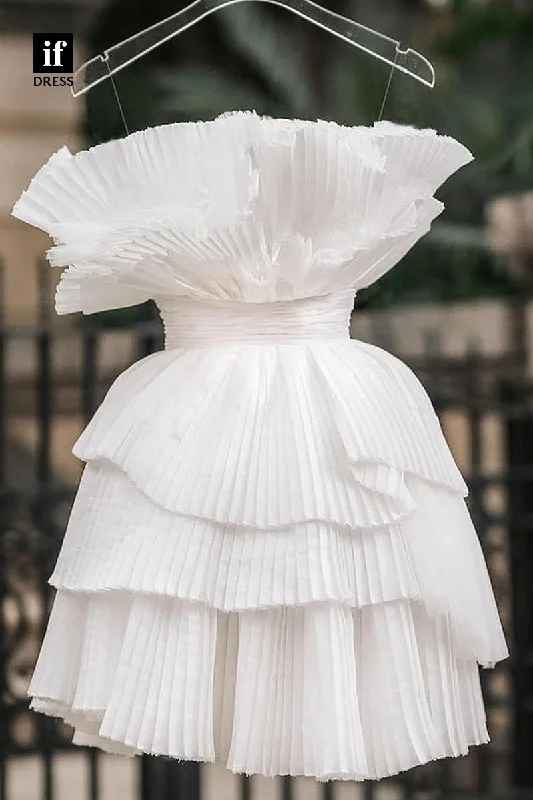 F1597 - Unique off-Shoulder Ruched Tiered Short Cocktail Homecoming Party Dress Chiffon Maxi Beach