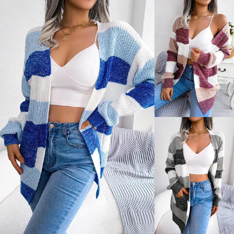 Plaid Sweater Women Casual Lantern Sleeves Cardigan Jacket Outerwear Clothes Cashmere Blend Cotton Blend Poly Blend