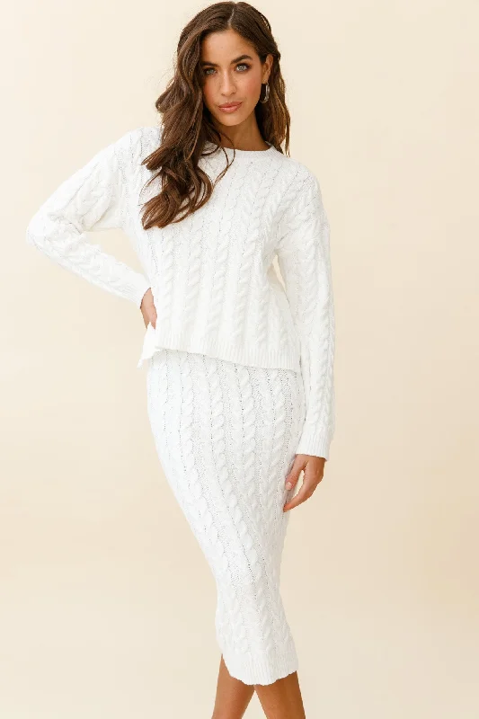Cozy Up Cable Knit Midi Skirt White lace skirt romantic