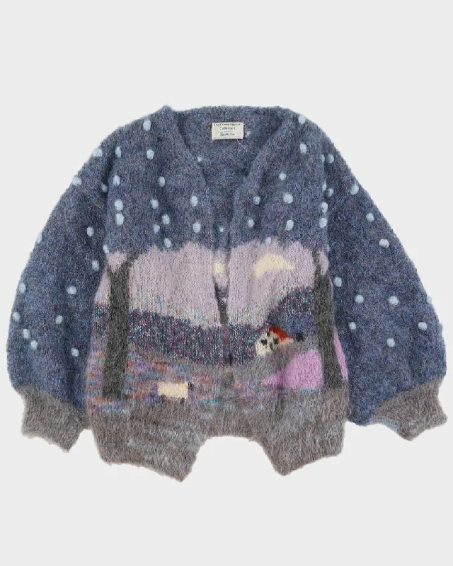 Blue Landscape Patterned Hand-Knitted Cardigan - M Mesh Blend Leather Blend Suede Blend