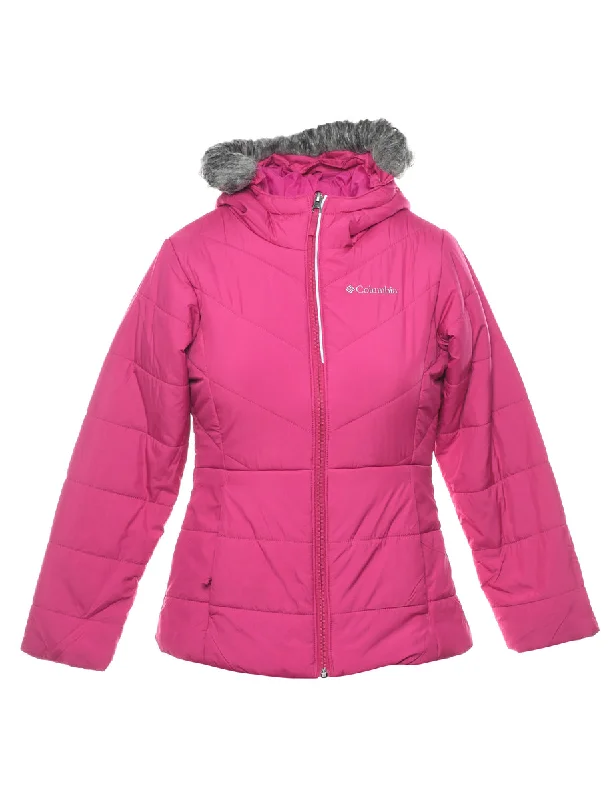 Columbia Pink Hooded Fur Trim Puffer Jacket - S Front Pockets Side Pockets Patch Pockets