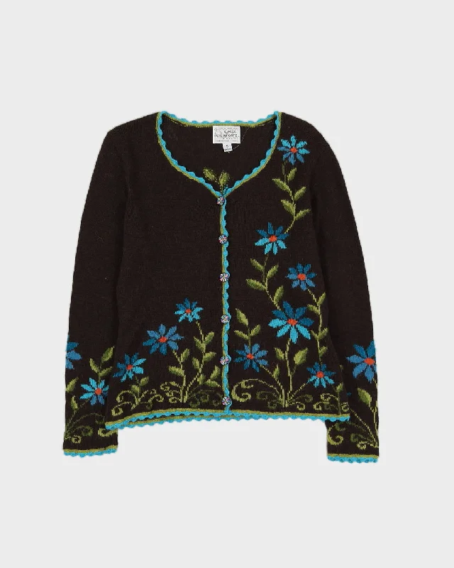 Brown With Blue Flowers Hand Made Cardigan - S Glossy Satin Silk