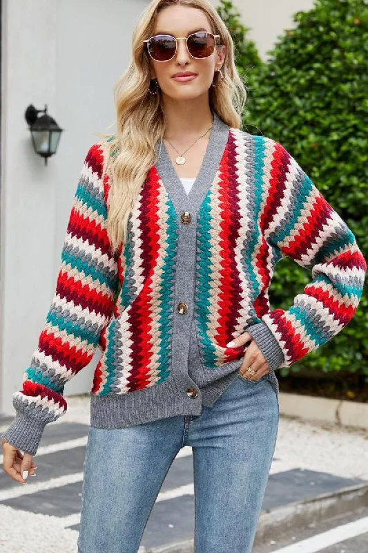 WOMEN COLORED STRIPE PATTERN BUTTONED CARDIGAN Iron Safe Non-Iron Wrinkle Free