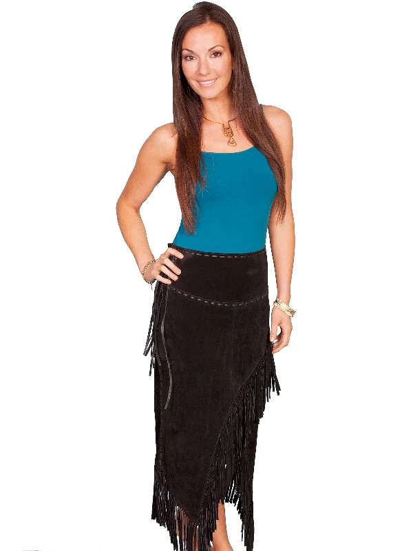 Scully Leather Womens Long Boar Suede Tie Side Fringe Skirt Black button skirt front
