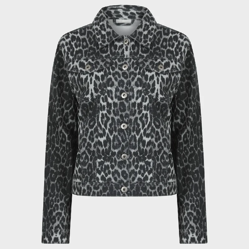 Ladies Grey Leopard Denim Jacket Snapped Jacket Toggled Jacket Drawstring Jacket