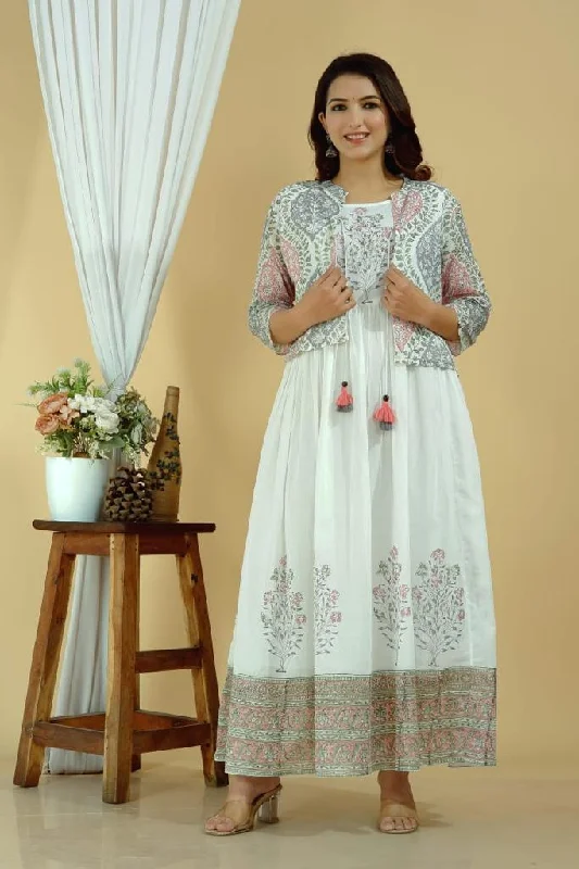 White Printed Cotton Anarkali with Jacket Toggled Jacket Drawstring Jacket Belted Jacket