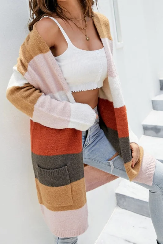 WOMEN KNEE LENGTH OPEN FRONT POCKET CARDIGAN Cardigan Knitwear Sweater