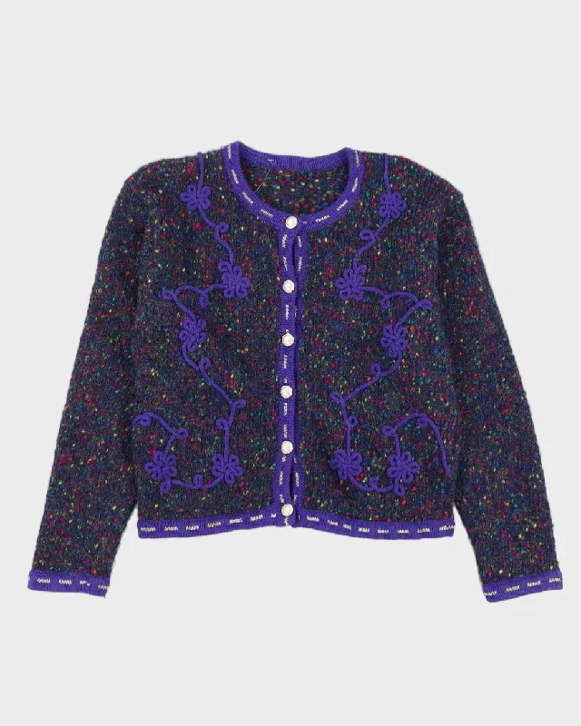 Blue Patterned Knitted Cardigan - S Collared Crew Neck Turtle Neck