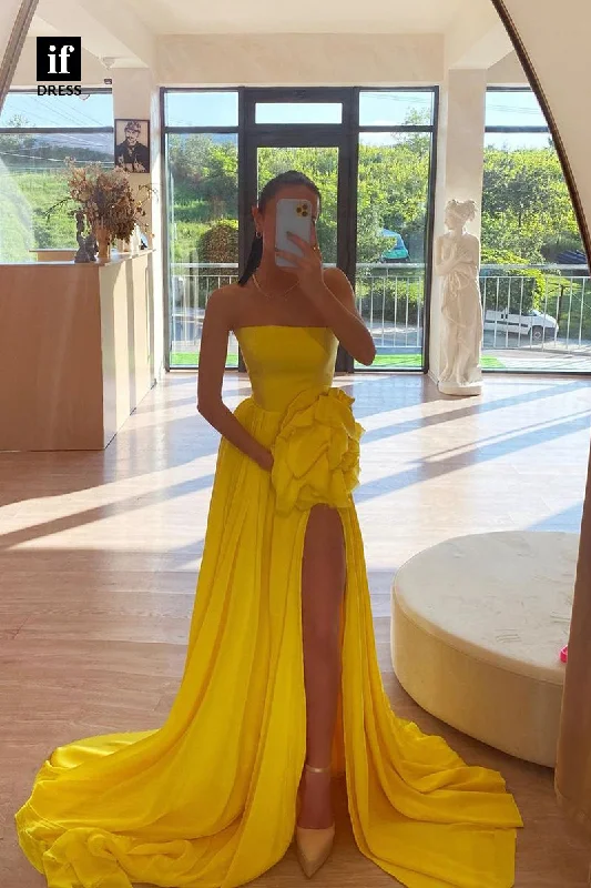 34807 - A-Line Strapless High Split Pleated Sleeveless Long Prom Party Dress with Flower Tunics Versatile functional