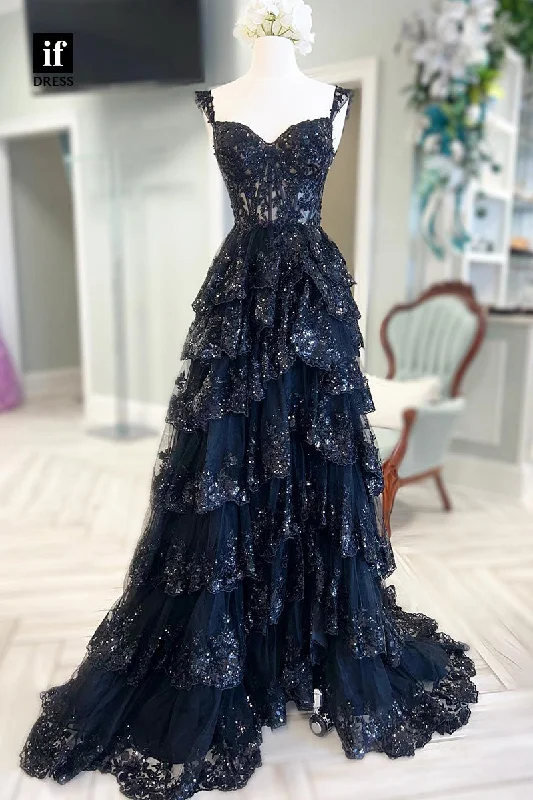 34927 - Classic Straps A-Line Sequins Appliques Tiered Prom Party Dress Tunics Handmade artisanal