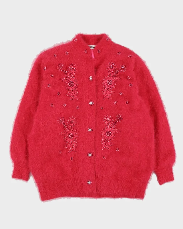 Pink Beaded Angora Knitted Cardigan - L Mesh Cardigan Canvas Denim