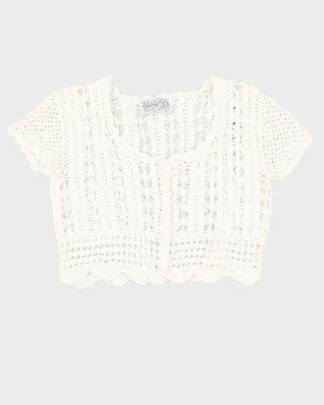 Y2K 00s Simpatico White Crochet Knit Cropped Cardigan - S Iron Safe Non-Iron Wrinkle Free