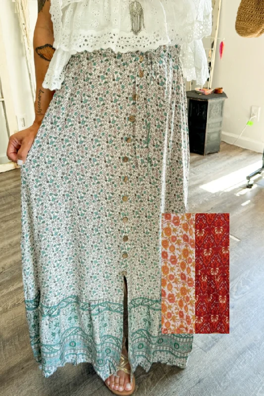 Border Print Boho Maxi Skirt ribbed skirt waist