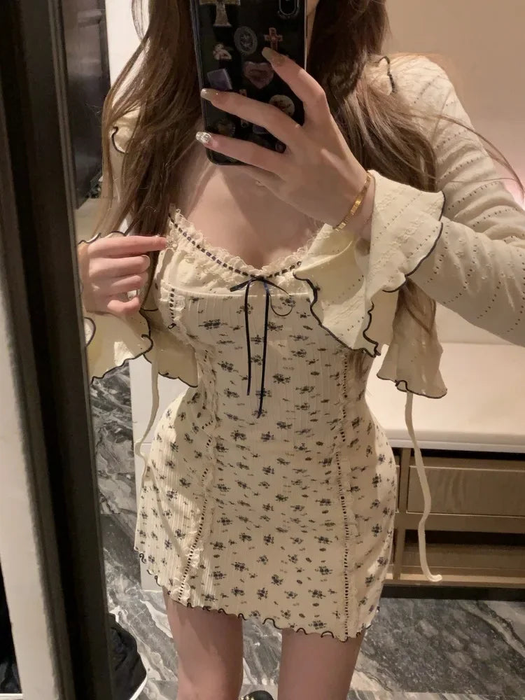 Sweet V-neck Slim Waist Knitted Flower Print Dress for Women Autumn New Long Sleeve Ruffles Cardigan Y2k Two Piece Sets Asymmetrical,ymmetric Pencil Cardigan