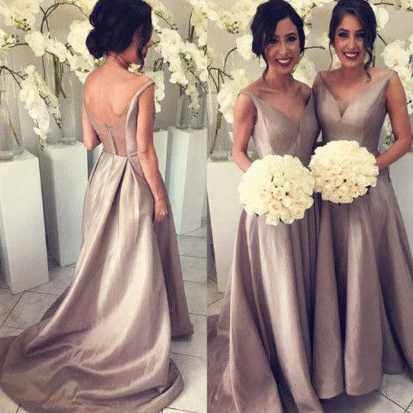 Simple V-Neck Cheap Elegant Long Bridesmaid Wedding Party Dresses, WG397 Turtleneck Neckline Stylish