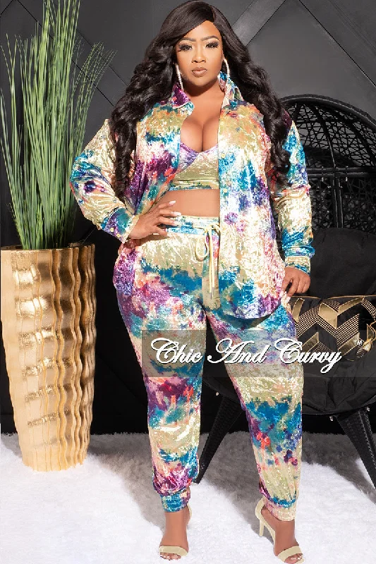 Final Sale Plus Size Velvet 3pc (Button Up Collar Top, Crop Bra Top & Pants) Set in Multi Color Print Casual Plaid Pants Final Sale Plus Size Velvet 3pc (Button Up Collar Top, Crop Bra Top & Pants) Set in Multi Color Print Casual Plaid Pants