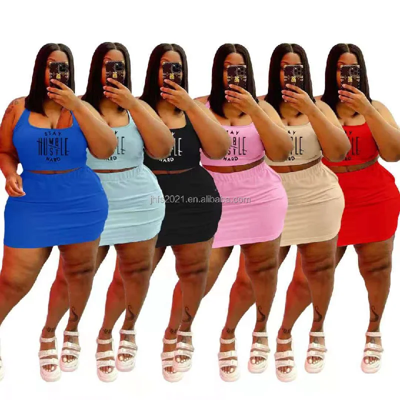 J&H fashion plus size casual summer two piece skirt set women's breathable tank tops with skirt outfit slim fit streetwear navy tank top