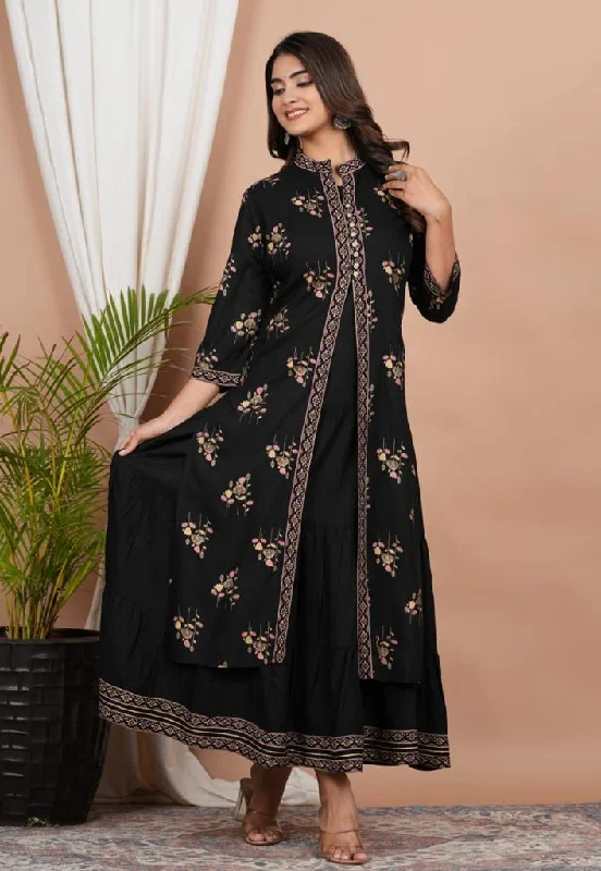 Black Printed Double Layered Cotton Anarkai Kurta with Jacket Tailored Jacket Straight Jacket A-Line Jacket