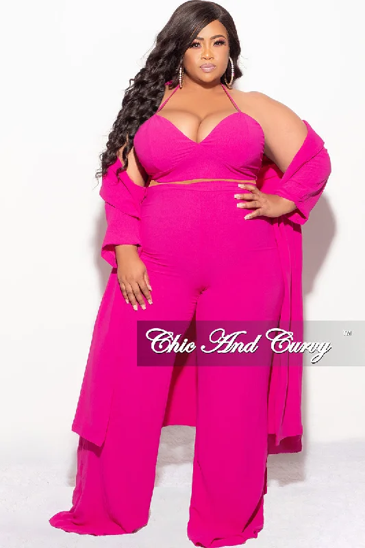 Final Sale Plus Size 3pc (Duster, Crop Self Tie Top & Pants) Set in Fuchsia Classic Stretch Pants