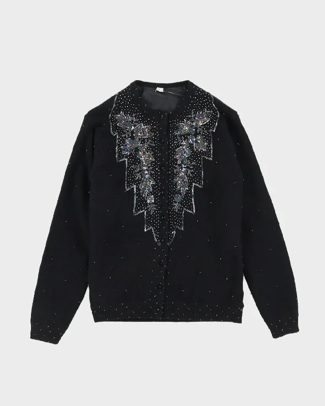 Vintage 1980s Black Beaded Knitted Cardigan - M Casual Formal Business