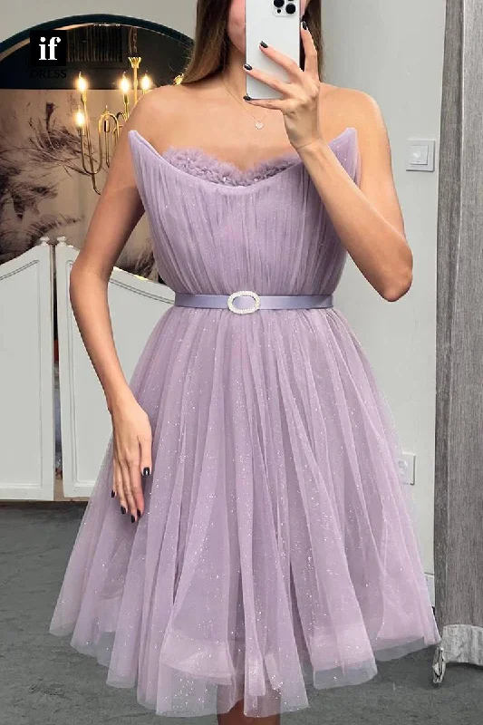 F1766 - A-Line Scoop Strapless Belt Sleeveless Short Cocktail Homecoming Party Dress Bodycon Fitted Nightout