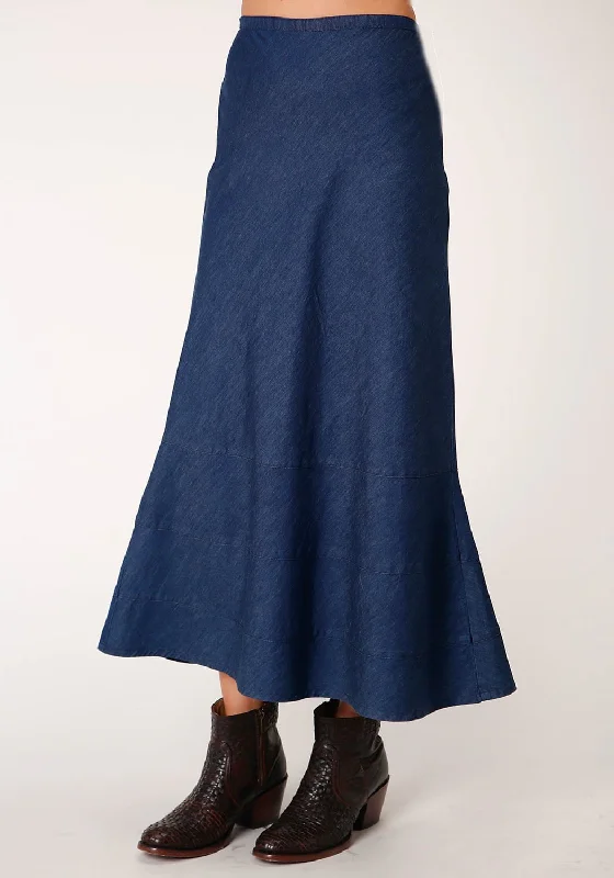 Roper Womens Indigo Blue 100% Cotton Bias Cut Midi Skirt elastic waist skirt