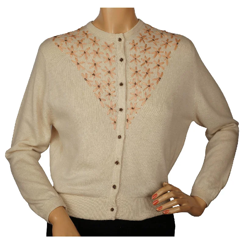 Vintage 1950s Ballantyne Cashmere Sweater Beaded Embroidered Cardigan Ladies M Boat Neck Shawl Collar Notched Collar