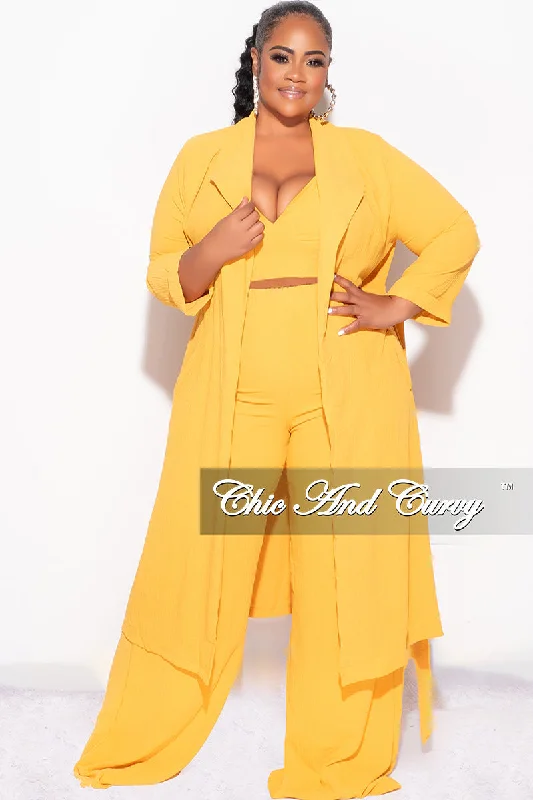 Final Sale Plus Size 3pc (Duster, Crop Self Tie Top & Pants) Set in Mustard Stylish Elastic Waist Pants